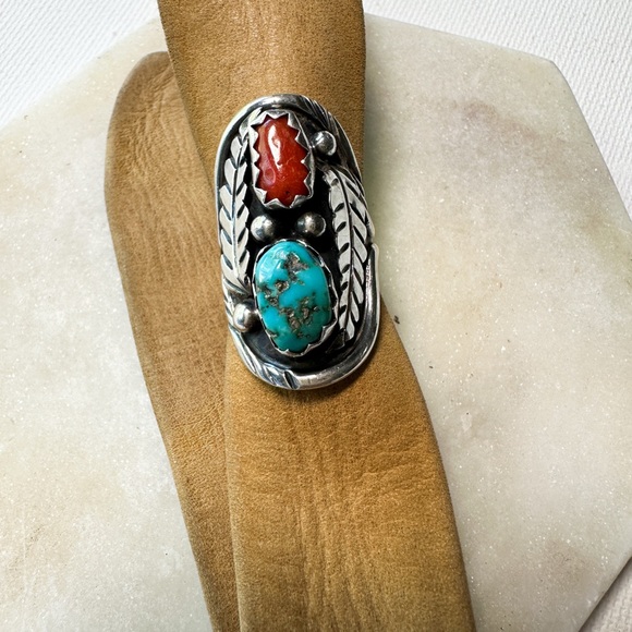 Vintage Robert Kelly Silver Ring with Turquoise and Red Coral